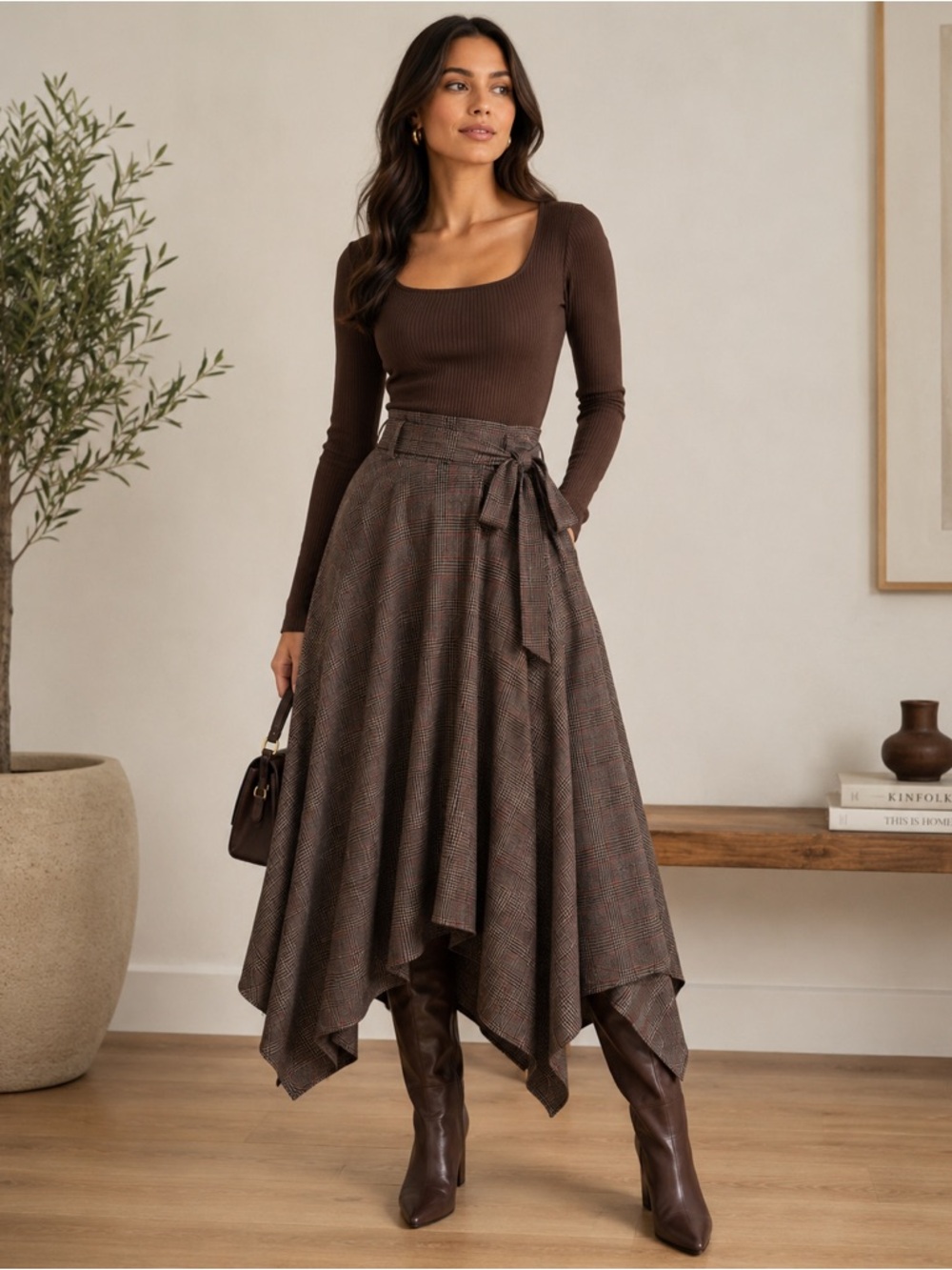 Pedro del Hierro Plaid Handkerchief Hem Midi Skirt | Belted Waist | Size M